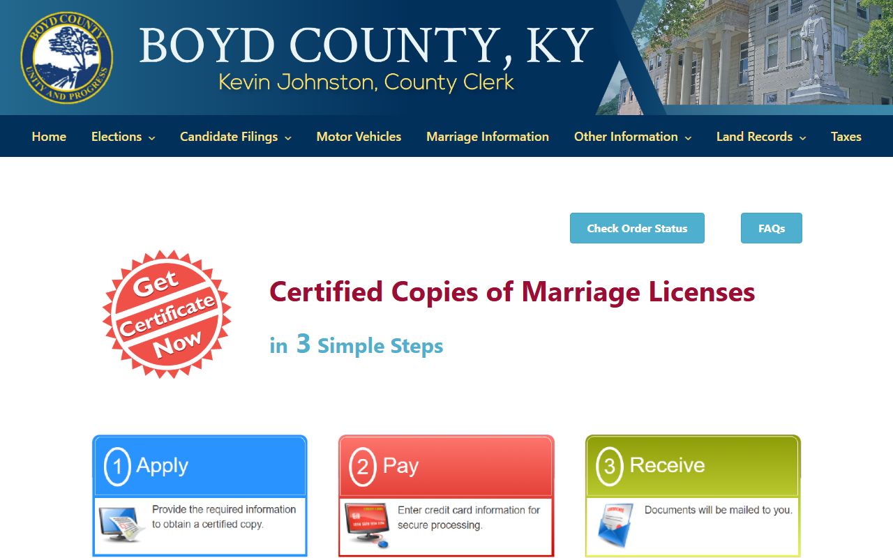 Boyd County marriage records certified copy order page