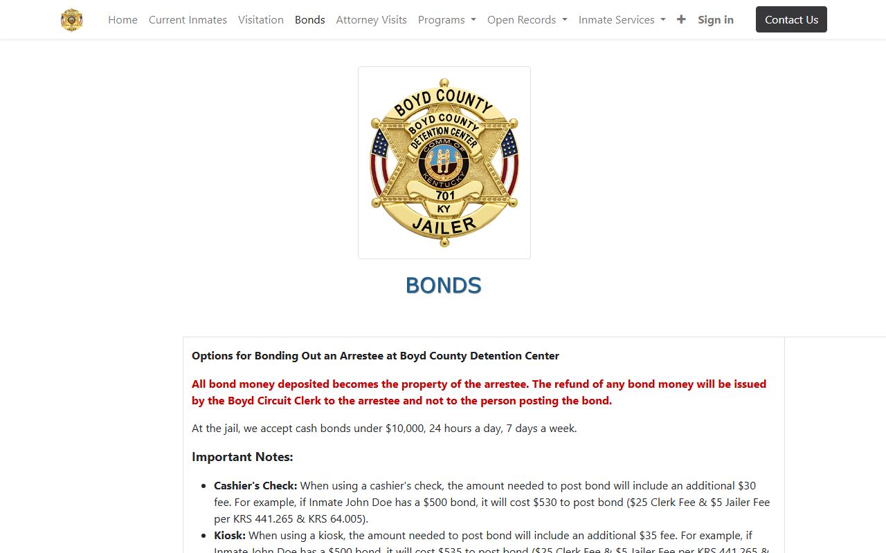 Boyd County warrant records bond instructions for jail and Circuit Clerk payments