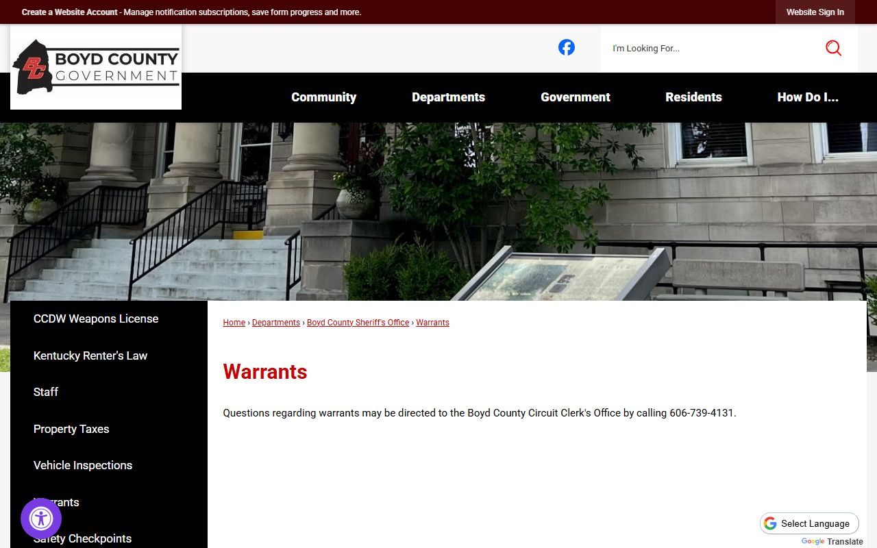 Boyd County warrant records page directing warrant questions to the Circuit Court Clerk
